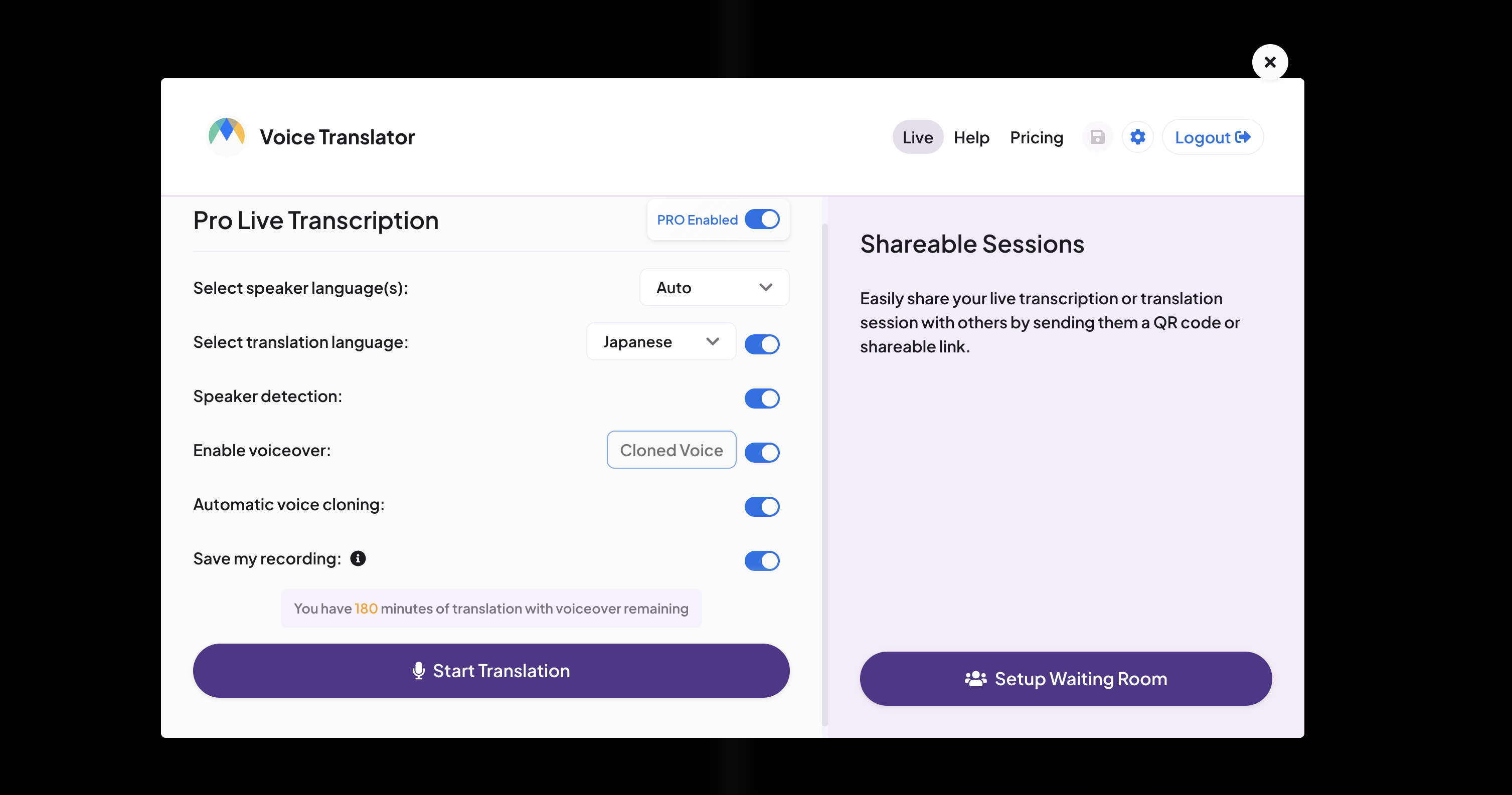 The interface of Maestra's live speech translator app.
